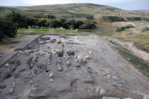 Fig. 1.  L’area del santuario-tofet in corso di scavo vista da Nord  sullo sfondo i resti dell’insediamento romano (Foto di M. Botto).